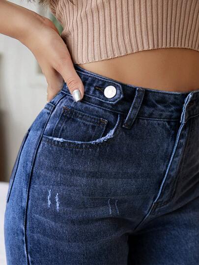 SHEIN Essnce بنطلون جينز ام خصر عالي خدش قط