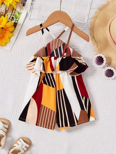 SHEIN رومبير صيفية كاجوال للبنات مع طبعات زهرية وكشكشة على الرقبة الحالكة، خفيفة الوزن