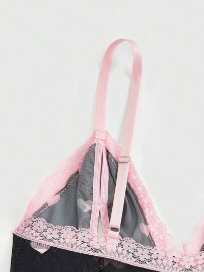 لانجيري حريمي ROMWE Kawaii بدلة مثيرة وساحرة مزينة بقطع قلبية متعددة السحر، بتصميم دانتيل وربطة عنق ممتع وجذاب، ملابس داخلية
