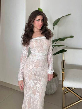 Modelyn فستان سهرة طويل بأكمام طويلة من النساء، لون أحادي مع زخارف من الدانتيل أنيقة