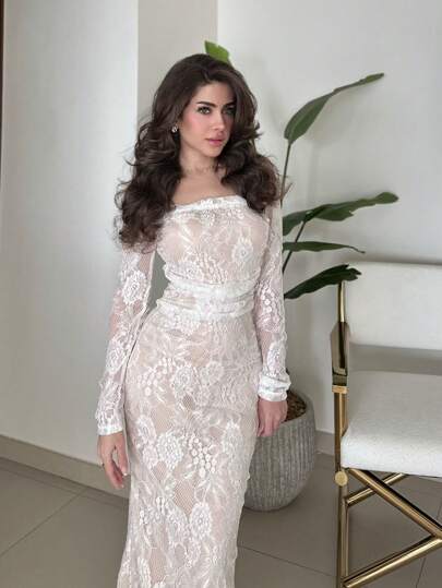 Modelyn فستان سهرة طويل بأكمام طويلة من النساء، لون أحادي مع زخارف من الدانتيل أنيقة