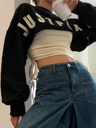 EZwear نساء طباعة حرفية عادية سترة رياضية قصيرة جدًا, ملابس علوية كم طويل