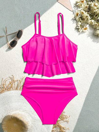 طقم تانكيني حريمي Swim مجموعة بيكيني بأشرطة السباغيتي على شكل رفل بلون صلب وقمة مزينة، وقاع ثلاثي الأضلاع مجمع بيكيني للشاطئ الصيفي
