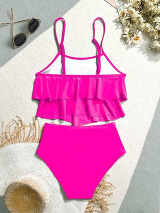 طقم تانكيني حريمي Swim مجموعة بيكيني بأشرطة السباغيتي على شكل رفل بلون صلب وقمة مزينة، وقاع ثلاثي الأضلاع مجمع بيكيني للشاطئ الصيفي