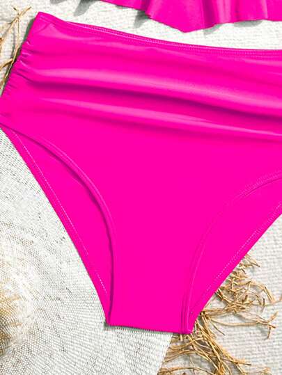 طقم تانكيني حريمي Swim مجموعة بيكيني بأشرطة السباغيتي على شكل رفل بلون صلب وقمة مزينة، وقاع ثلاثي الأضلاع مجمع بيكيني للشاطئ الصيفي
