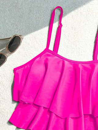 طقم تانكيني حريمي Swim مجموعة بيكيني بأشرطة السباغيتي على شكل رفل بلون صلب وقمة مزينة، وقاع ثلاثي الأضلاع مجمع بيكيني للشاطئ الصيفي