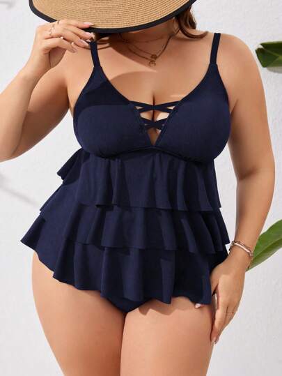 SHEIN Swim Curve ملابس علوية كامي كبيرة الحجم بطبقات متعددة متقاطعة بلون سادة و حافة مجعدة لباس شاطئ صيفي للنساء