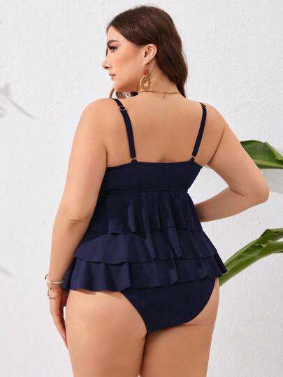 SHEIN Swim Curve ملابس علوية كامي كبيرة الحجم بطبقات متعددة متقاطعة بلون سادة و حافة مجعدة لباس شاطئ صيفي للنساء