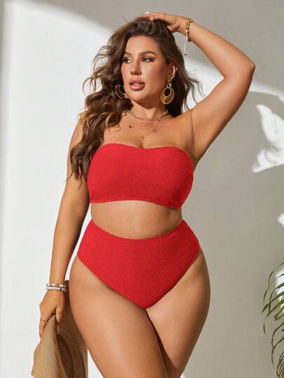 Swim Basics مجموعة بكيني حريمي أنيق بدون حمالة، بأحجام كبيرة، لون أحادي، جذاب جنسيًا، للصيف 2025