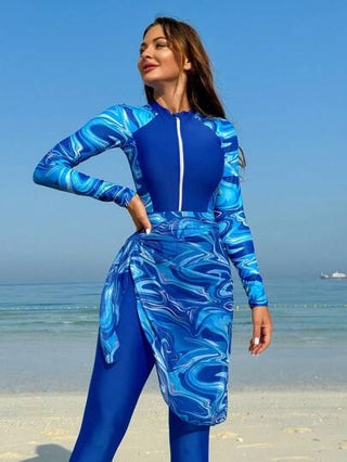Swim Shayni بوركيني بأكمام طويلة و قطعة واحدة للسباحة للنساء بتصميم زخرفة دائرية مع تنورة غطاء للشاطئ صيفية