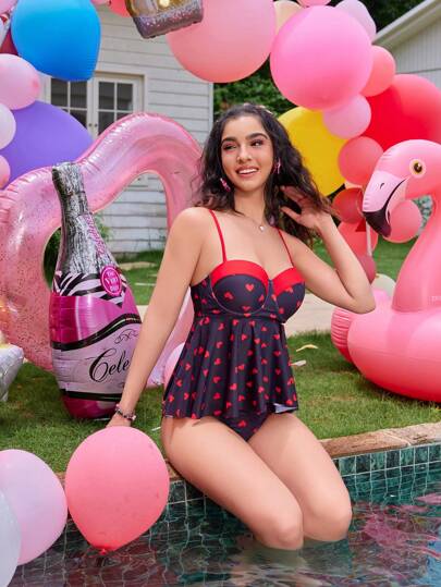 طقم تانكيني حريمي Swim Mod لبس السباحة للنساء من نوع التانكيني بحمالات رفيعة مع طباعة شكل قلب، ملابس شاطئ صيفية