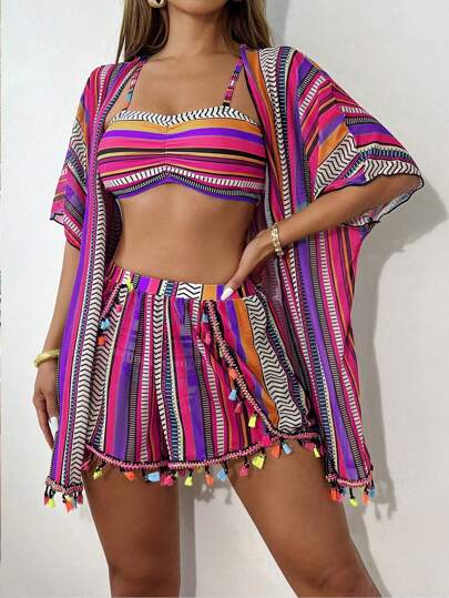 SHEIN طقم بيكيني بطبعة جندرية أنيقة 4 قطع متكون من ملابس علوية وأسفل ذو كشكشة، طقم بيكيني ذو جلايع متعددة الألوان وسروال جلايع، كرنفال شاطئ صيفي