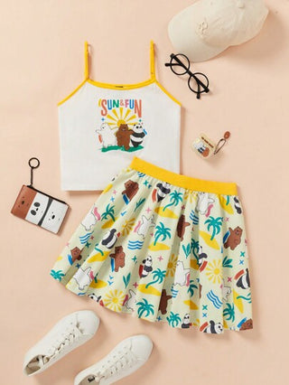girls-sets We Bare Bears X  توب صغيرة بيضاء على الطراز العادي للفتيات المراهقات الصغيرات بطبعة شعار دب العطلة الكارتونية وتنورة صفراء فاتحة