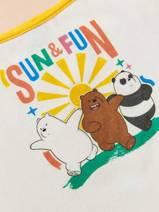 girls-sets We Bare Bears X  توب صغيرة بيضاء على الطراز العادي للفتيات المراهقات الصغيرات بطبعة شعار دب العطلة الكارتونية وتنورة صفراء فاتحة