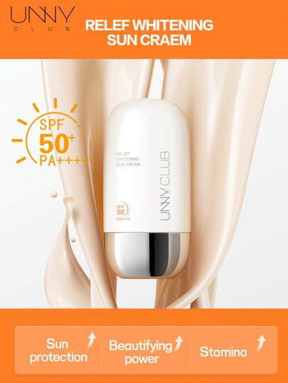 unny club كريم واقي من الشمس مضيء بحجم 50 مل، أساس مكياج، SPF 50، ذو قوام كريمي، يحتوي على 2% نياسيناميد، يعمل على إضاءة البشرة، غير لزج وغير دهني، يحمي من أشعة UVA+UVB، حماية من الشمس لمدة 12 ساعة، مع مكونات العناية بالبشرة