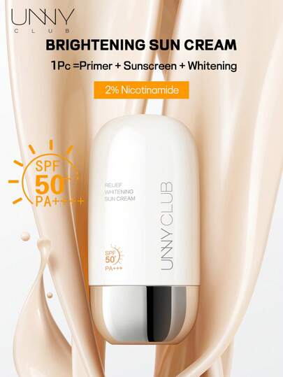 unny club كريم واقي من الشمس مضيء بحجم 50 مل، أساس مكياج، SPF 50، ذو قوام كريمي، يحتوي على 2% نياسيناميد، يعمل على إضاءة البشرة، غير لزج وغير دهني، يحمي من أشعة UVA+UVB، حماية من الشمس لمدة 12 ساعة، مع مكونات العناية بالبشرة