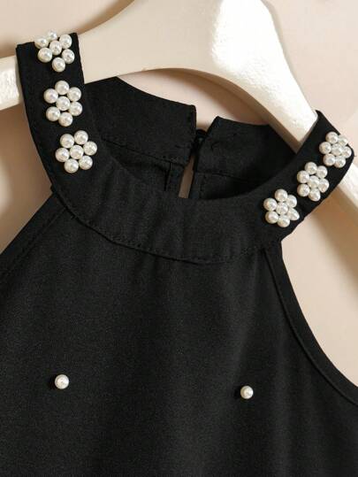 SHEIN فستان فتاة موسم الزفاف براق بالأزهار وردي قصير أنيق بنمط الماسك ذو الرقبة المرتفعة و التصميم المسطخ فئة A ، صيفي