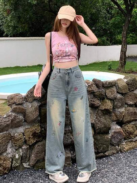 DAZY سراويل جينز نسائية بتصميم مستقيم وفضفاض مع طبعة الكرز وحافة خام وجيوب، ملابس عودة إلى المدرسة