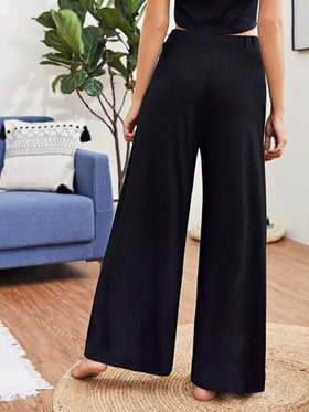 SHEIN Essnce بنطلون فضفاض ذو أرجل واسعة بنمط باليزو، بنطلون نسائي كاجوال مرتفع الخصر واسع الساق قصير، مصنوع من الفسكوز الفضفاض باللون الأسود، ملابس رسمية/عمل مناسبة للربيع والخريف