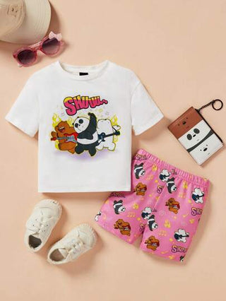 We Bare Bears X  تيشيرت أنيق قصير الأكمام برسوم كرتونية للبنات مع قصير بإطلالة الدراج، عبارة عن دببة أنيمي وحرف، مناسب للصيف