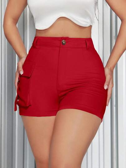 SXY شورت نسائي أحمر ذو جيوب جانبية مرفوع الخصر، قطعة شورت صيفية مع شورت صيفي