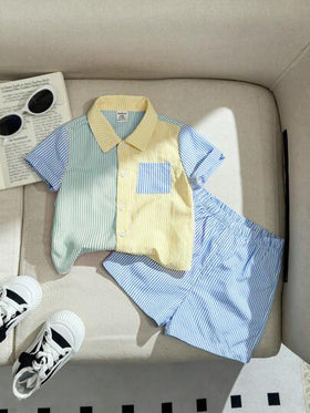 SHEIN للأطفال الرضع - بطانية من الكارديجان ذات الأكمام القصيرة والياقة والجيوب المزينة بالألوان للأولاد، مع شورت