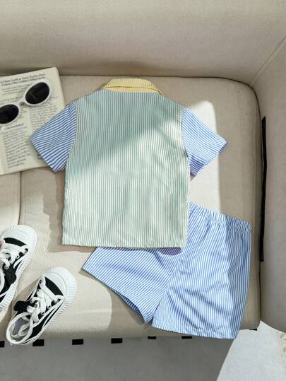 SHEIN للأطفال الرضع - بطانية من الكارديجان ذات الأكمام القصيرة والياقة والجيوب المزينة بالألوان للأولاد، مع شورت