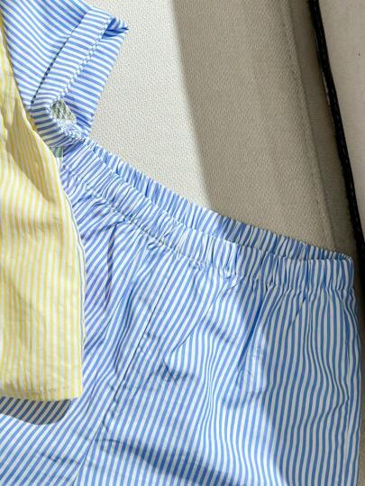 SHEIN للأطفال الرضع - بطانية من الكارديجان ذات الأكمام القصيرة والياقة والجيوب المزينة بالألوان للأولاد، مع شورت