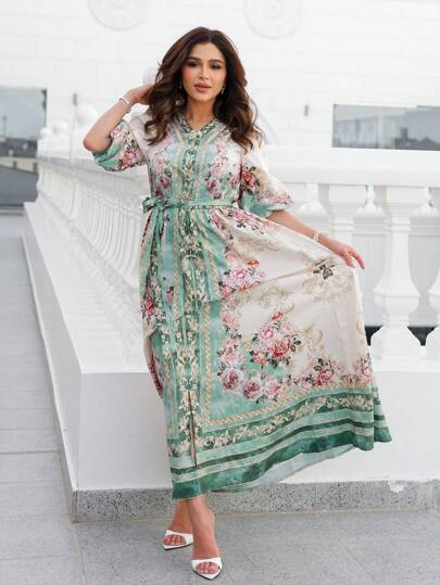 Mulvari فستان نسائي بأكمام قصيرة نمط العطلة مزين بطبعات الأزهار