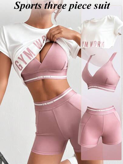 SHEIN Sovereign Charm بدلة رياضية نسائية مكونة من ملابس علوية كم قصير مكتوب عليه وشورت ضيق، ملابس رياضة رسمية عادية، بزي لممارسة التدريبات الرياضية
