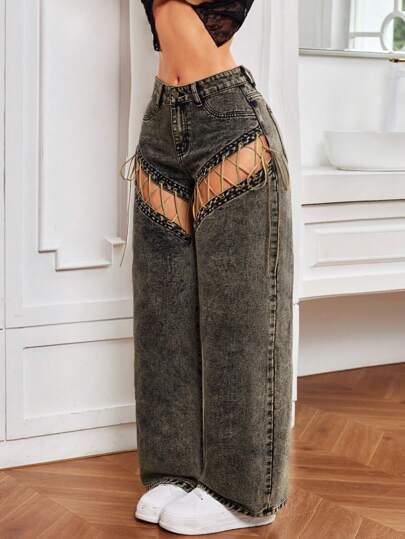 SHEIN ICON جينز نسائي عريض الساق متعدد الجيوب Y2K مجوف بلون صلب، عارض