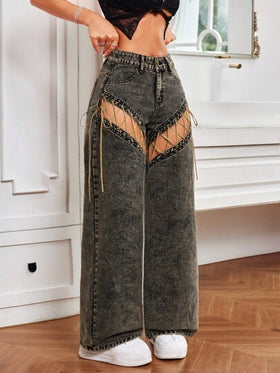 SHEIN ICON جينز نسائي عريض الساق متعدد الجيوب Y2K مجوف بلون صلب، عارض