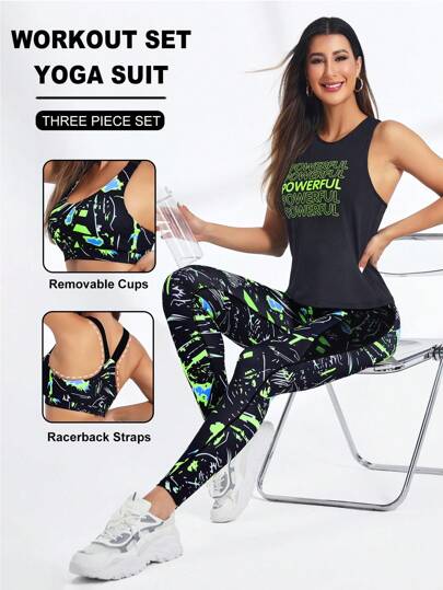 SHEIN Sport Studio طقم رياضي للنساء يتكون من ملابس علوية مطبوعة أنيقة وبنطلون طويل وبلوزة حشو، طقم بنطلونات ضيقة للنساء
