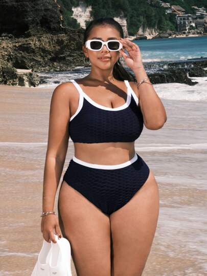 Swim SPRTY مجموعة بيكيني نسائية بقياس زائد بتصميم على التباين