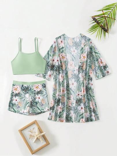 Swim Lushoire مجموعة بكيني لطبعات نباتات استوائية للنساء للصيف مع شورت مربع وكيمونو بأكمام نصفية مطابقة للتغطية