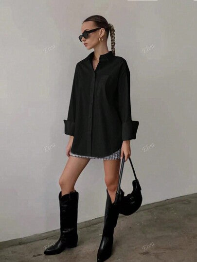 QIANZHIDU قميص نسائي بلون أحادي فضفاض بأكمام طويلة، مناسب للعمل والمقابلات والتنقل والاسترخاء، شعور بالبساطة، ملابس للعودة إلى المدرسة والتخرج والمكتب، مناسب للربيع والصيف والخريف