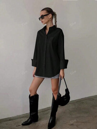 QIANZHIDU قميص نسائي بلون أحادي فضفاض بأكمام طويلة، مناسب للعمل والمقابلات والتنقل والاسترخاء، شعور بالبساطة، ملابس للعودة إلى المدرسة والتخرج والمكتب، مناسب للربيع والصيف والخريف