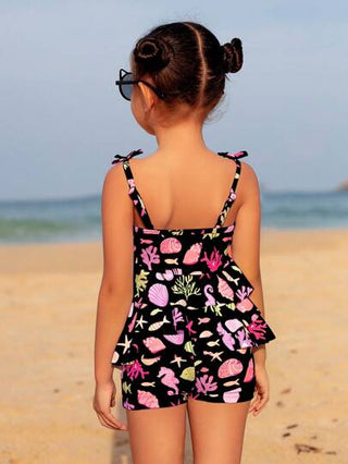 SHEIN طقم ملابس سباحة للفتيات الصغيرات للصيف ، شورت وكامي علوي مطبوع بنقشة متداخلة