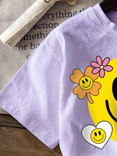 ملابس بناتي تي شيرت صيفي لطيف برسومات وجوه ابتسامة وأحرف إنجليزية زهرية مطبوعة برقبة مستديرة ، مناسبة للفتيات في سن المراهقة كنزة عارضة مريحة وممتعة