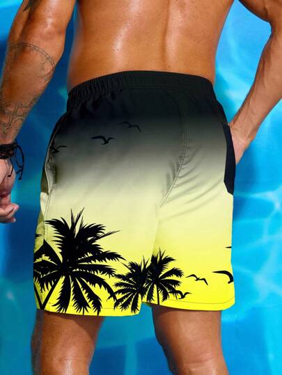 Manfinity Swimmode شورت بخصر رباط مطبوع بشجرة النخيل صيفي للرجال، شاطئي هاواي