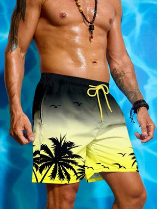 Manfinity Swimmode شورت بخصر رباط مطبوع بشجرة النخيل صيفي للرجال، شاطئي هاواي