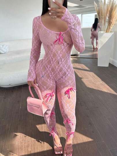 جمبسوت نسائية ضيقة بتصميم فيونكة ذات لون أحادي، لارتداء اليومي البسيط، باللون الوردي للربيع