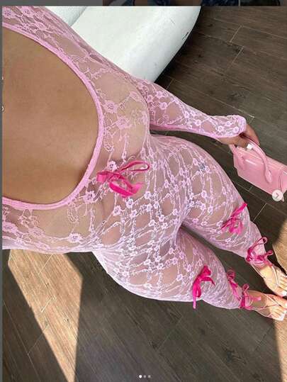 جمبسوت نسائية ضيقة بتصميم فيونكة ذات لون أحادي، لارتداء اليومي البسيط، باللون الوردي للربيع