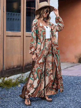 طقم حريمي قطعتين EMERY ROSE مجموعة بطاقية كيمونو نسائية مع بنطلون واسع بأكمام منتفخة وطبعة زهور للعطلات ( نمط عشوائي )
