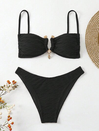Swim طقم بكيني بشكل معدني على شكل U وبلون واحد للنساء ، طقم بكيني جذاب للصيف والشاطئ