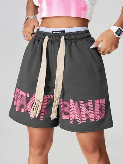 SHEIN Coolane شورت كاجوال بسيط مطبوع بخيط رباط للنساء للبس اليومي