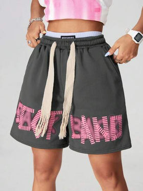SHEIN Coolane شورت كاجوال بسيط مطبوع بخيط رباط للنساء للبس اليومي