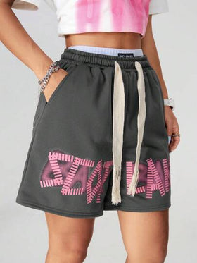 SHEIN Coolane شورت كاجوال بسيط مطبوع بخيط رباط للنساء للبس اليومي