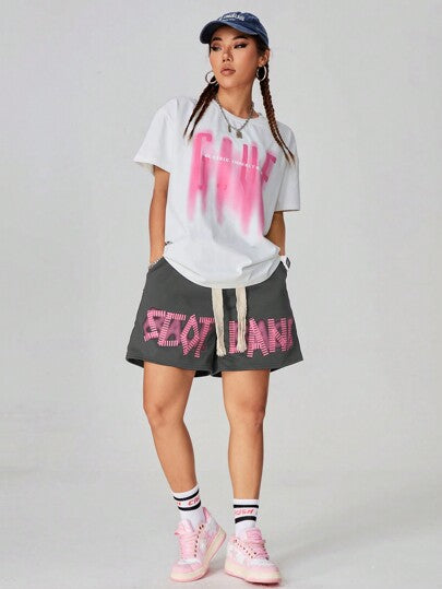 SHEIN Coolane شورت كاجوال بسيط مطبوع بخيط رباط للنساء للبس اليومي