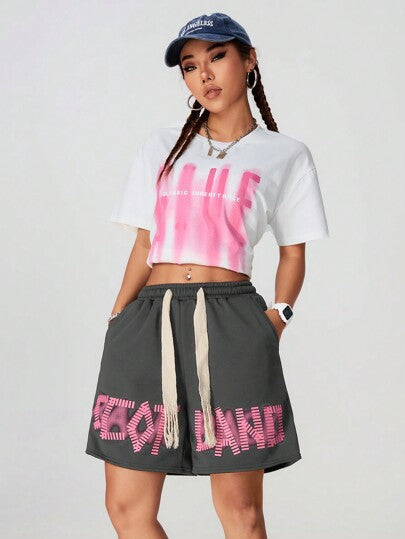 SHEIN Coolane شورت كاجوال بسيط مطبوع بخيط رباط للنساء للبس اليومي